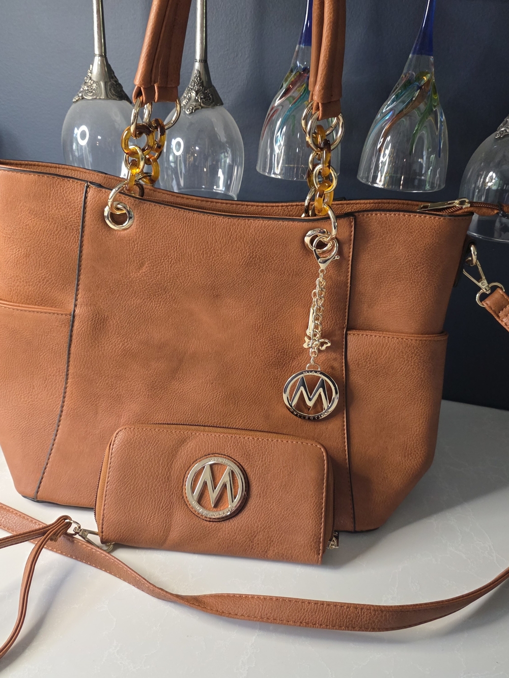 Mia K Tan Tote Bag with Matching Wallet and Chain Charm